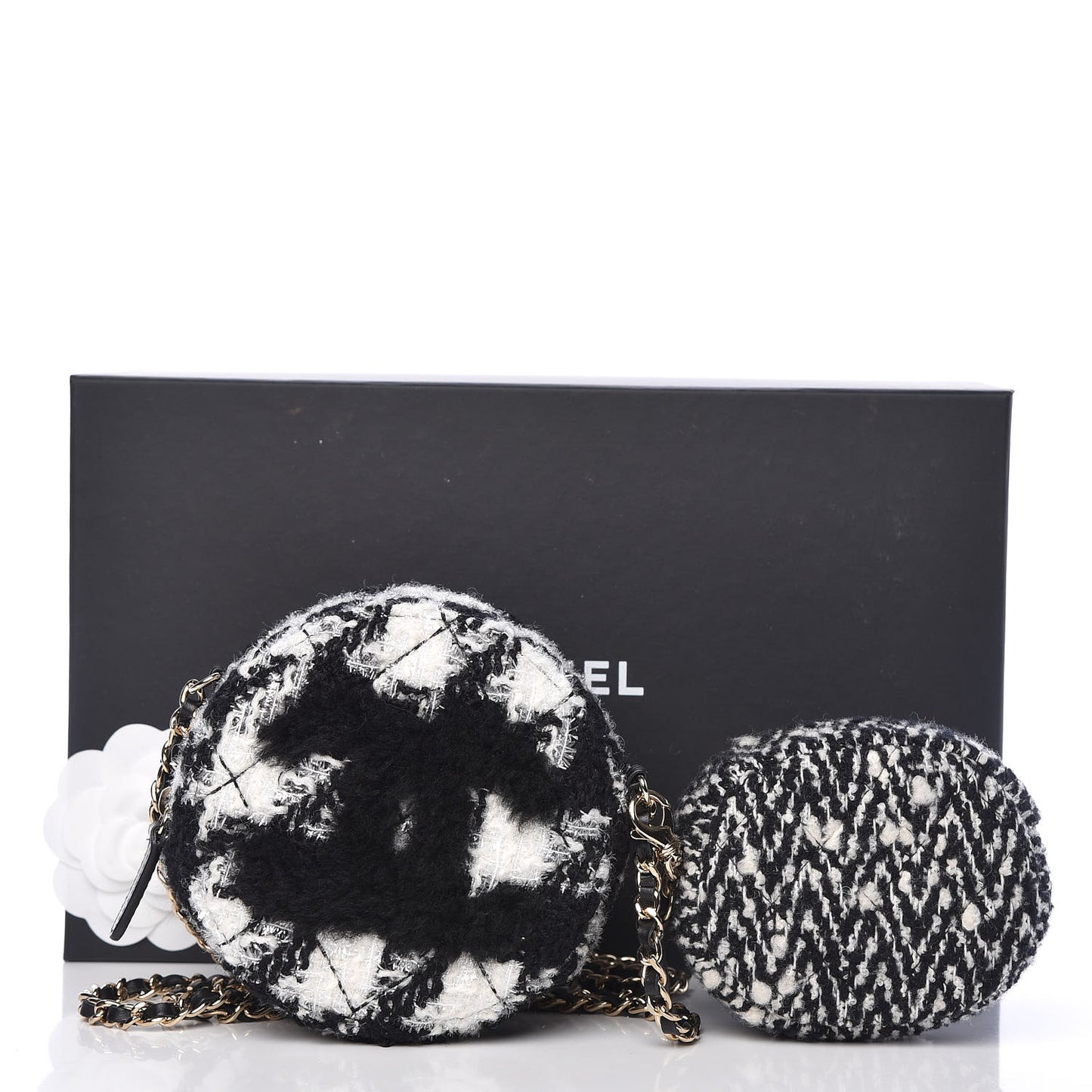 Tweed Shearling Round Clutch With Chain and Coin Purse Black and White