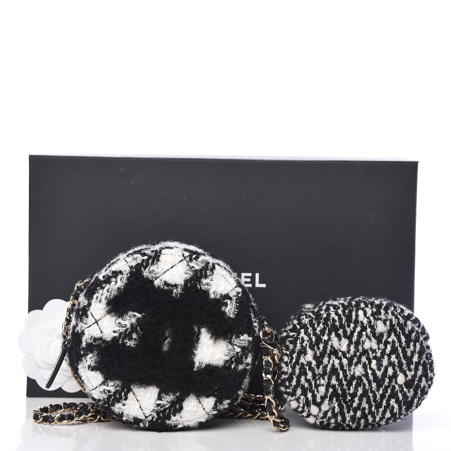Chanel Tweed Shearling Round Clutch With Chain and Coin Purse Black and White 9 of 9