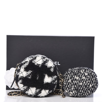 Chanel Tweed Shearling Round Clutch With Chain and Coin Purse Black and White 9 of 9