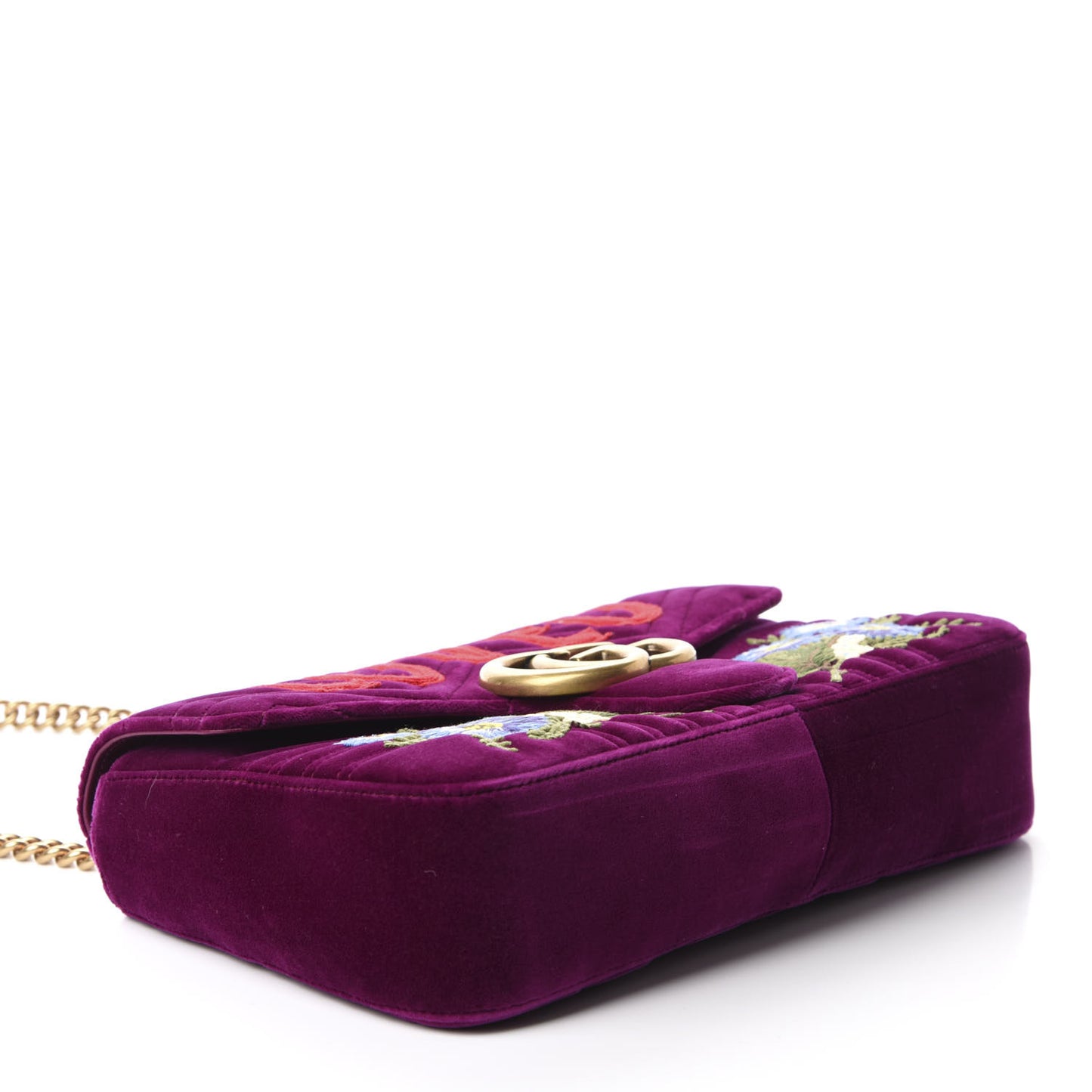 Velvet Matelasse Loved Embroidered Medium GG Marmont Shoulder Bag Fuchsia Violet Cyclamen