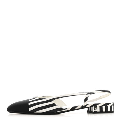 Chanel Fabric Grosgrain Cap Toe CC Slingback Flats 41 White Black 1 of 10