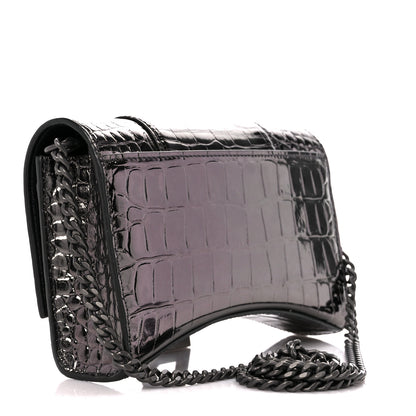 Balenciaga Shiny Calfskin Crocodile Embossed Hourglass Chain Bag Gunmetal 3 of 9
