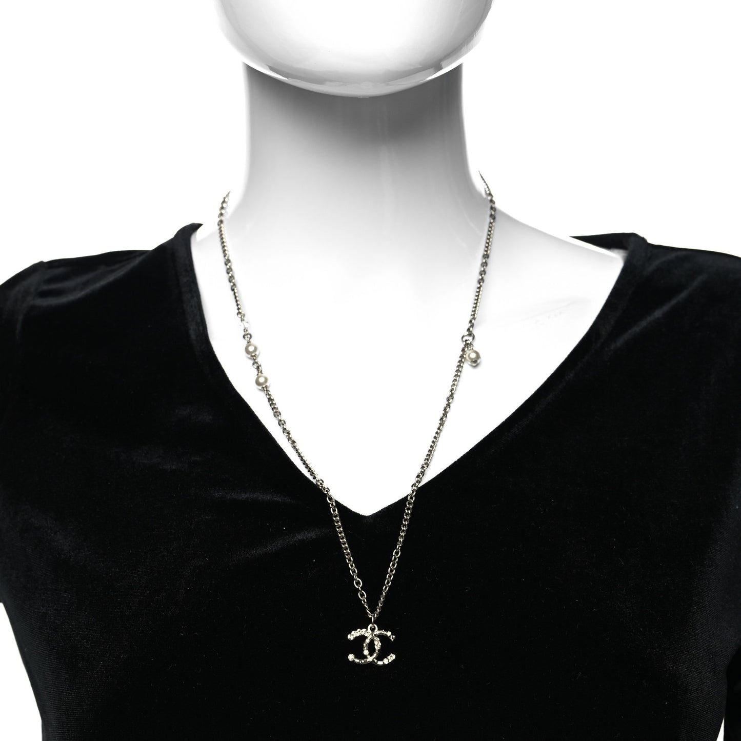 Crystal Pearl Chain CC Pendant Necklace Silver
