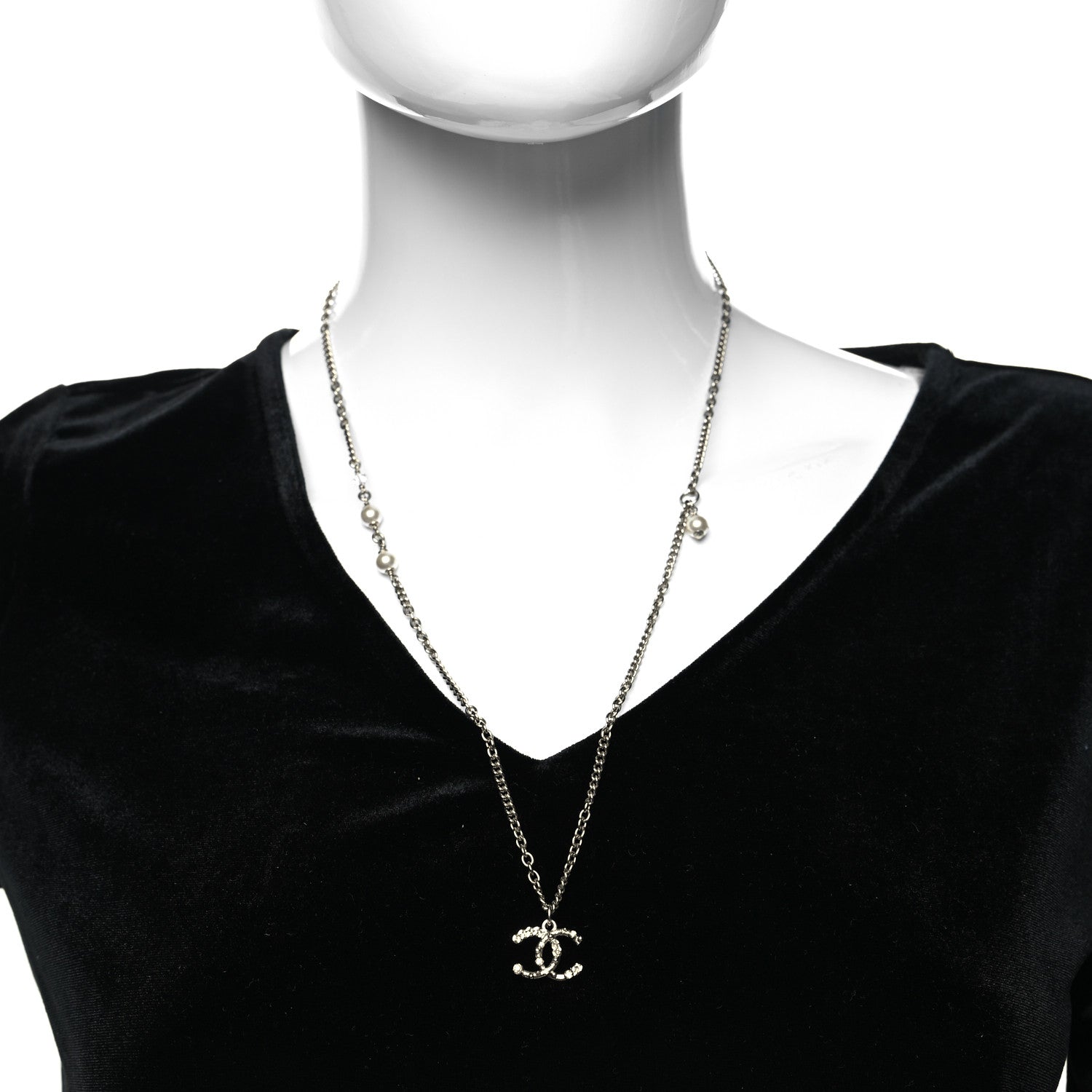 Chanel Crystal Pearl Chain CC Pendant Necklace Silver 2 of 5
