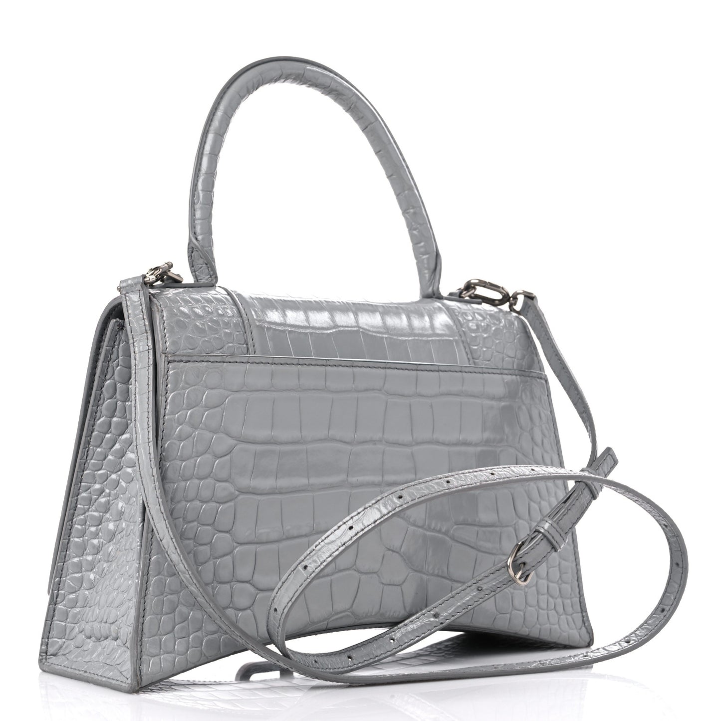 Shiny Calfskin Crocodile Embossed Medium Hourglass Top Handle Bag Balenciaga Grey