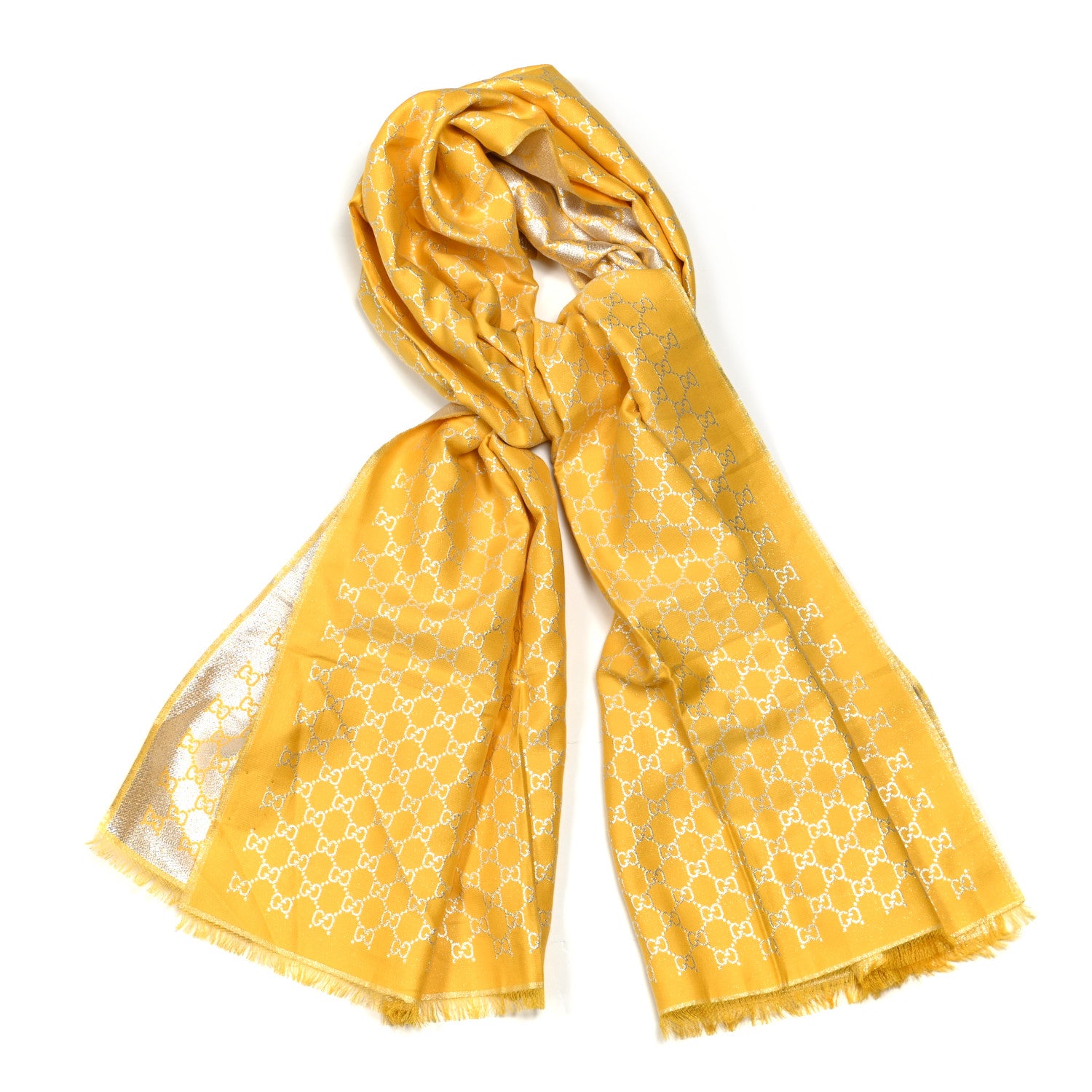 Gucci Cotton Lame GG Monogram Argentavio Fringe Scarf Lemon Light Grey 1 of 4