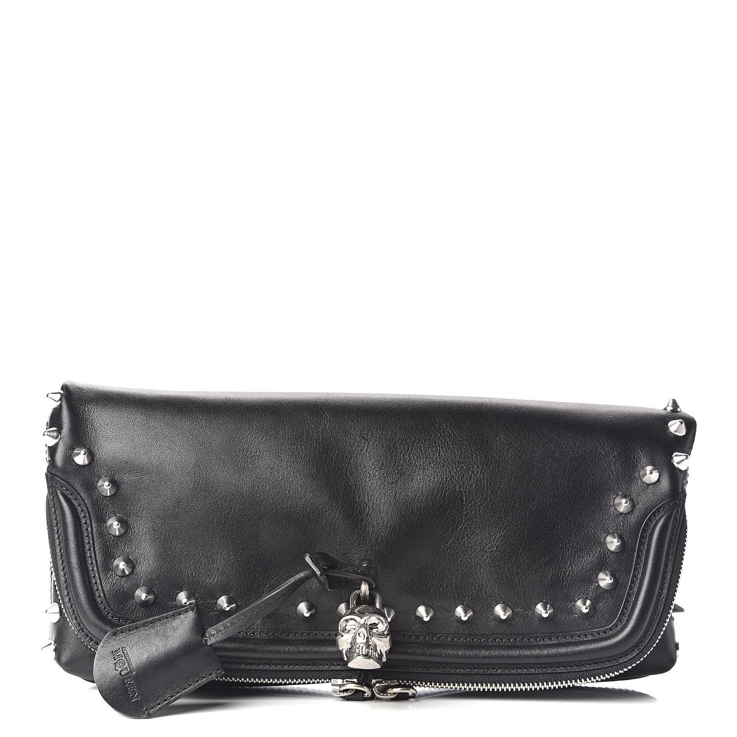 Calfskin Studded Padlock Skull Clutch Black