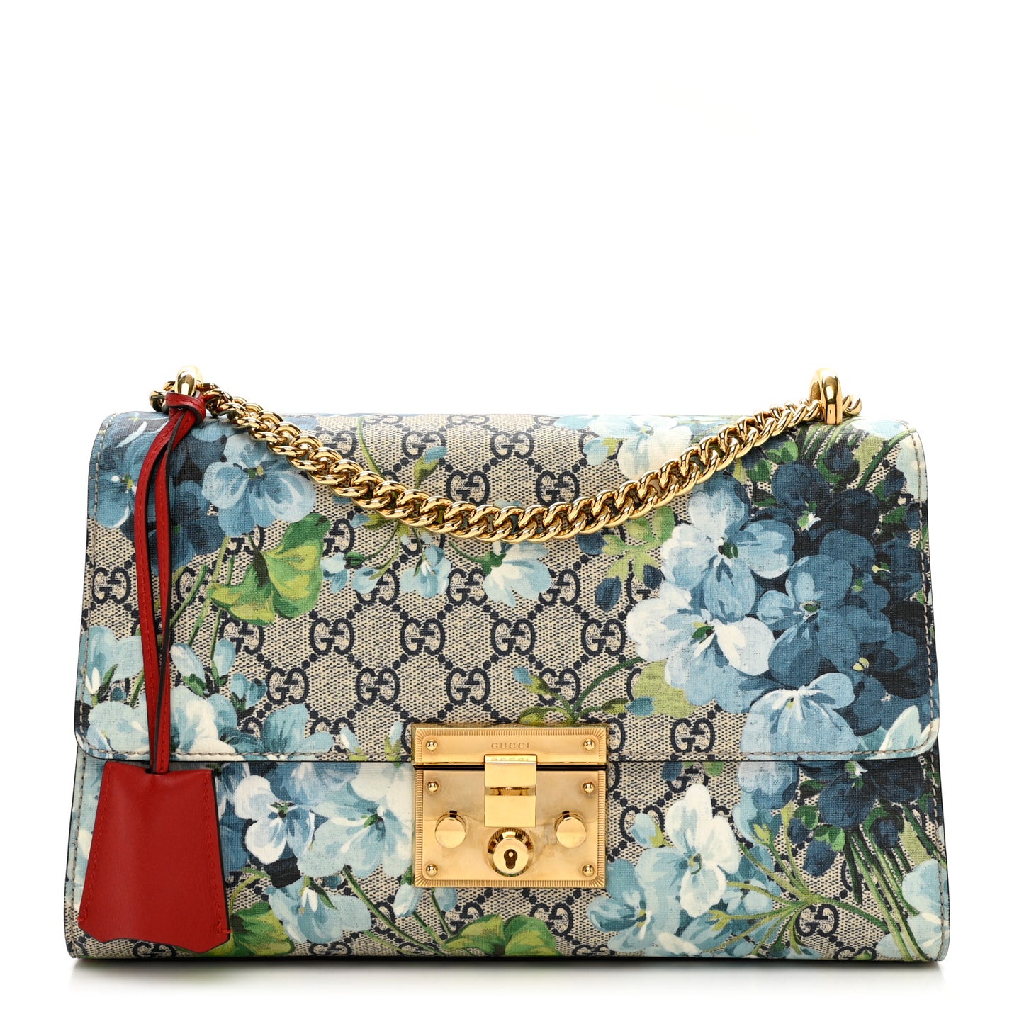 GG Supreme Monogram Blooms Medium Padlock Shoulder Bag Beige Blue Navy Hibiscus Red