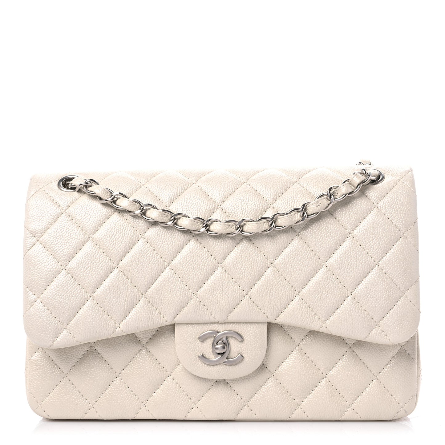 Pearly Caviar Quilted Jumbo Double Flap Dark White