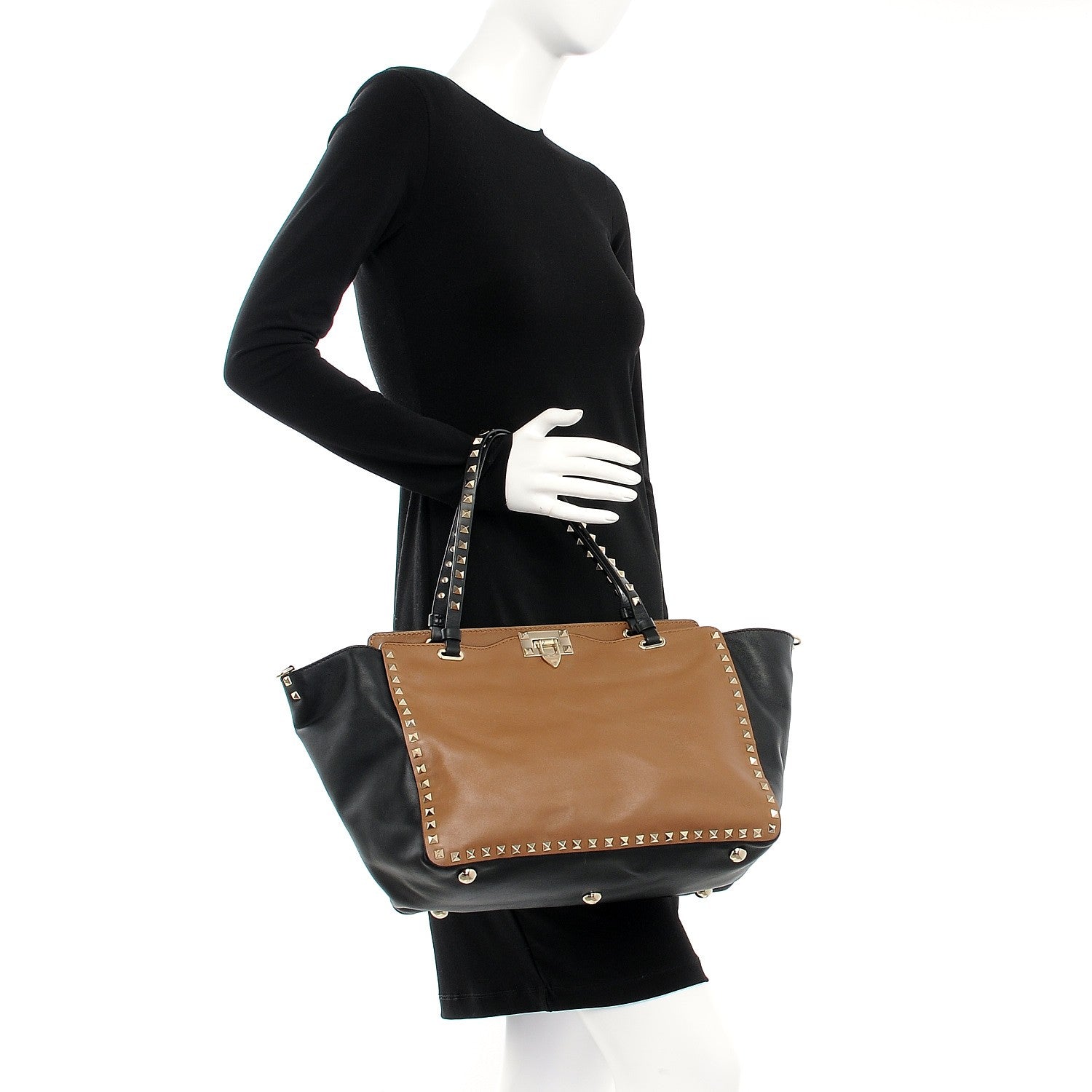 Valentino Garavani Vitello Medium Rockstud Tote Brown Black 3 of 7