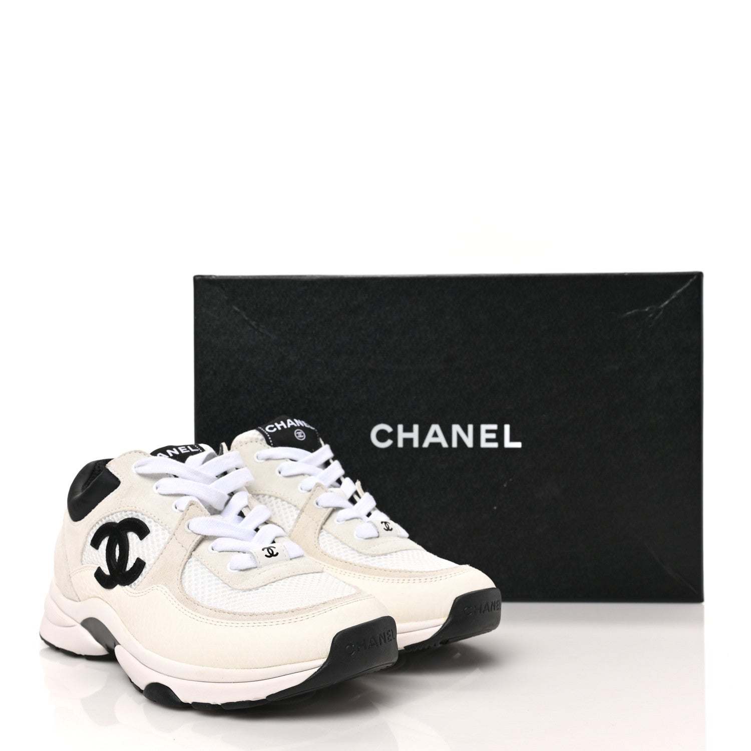 Chanel Mesh Suede Calfskin Grained Calfskin Womens CC Sneakers 36 White Black 7 of 7