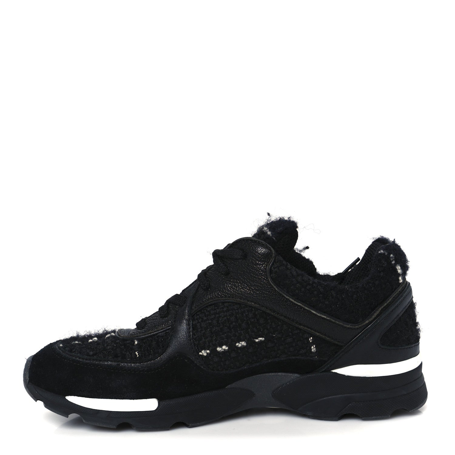 Chanel Tweed Suede Goatskin CC Sneakers 37 Black White 1 of 9