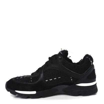 Chanel Tweed Suede Goatskin CC Sneakers 37 Black White 1 of 9