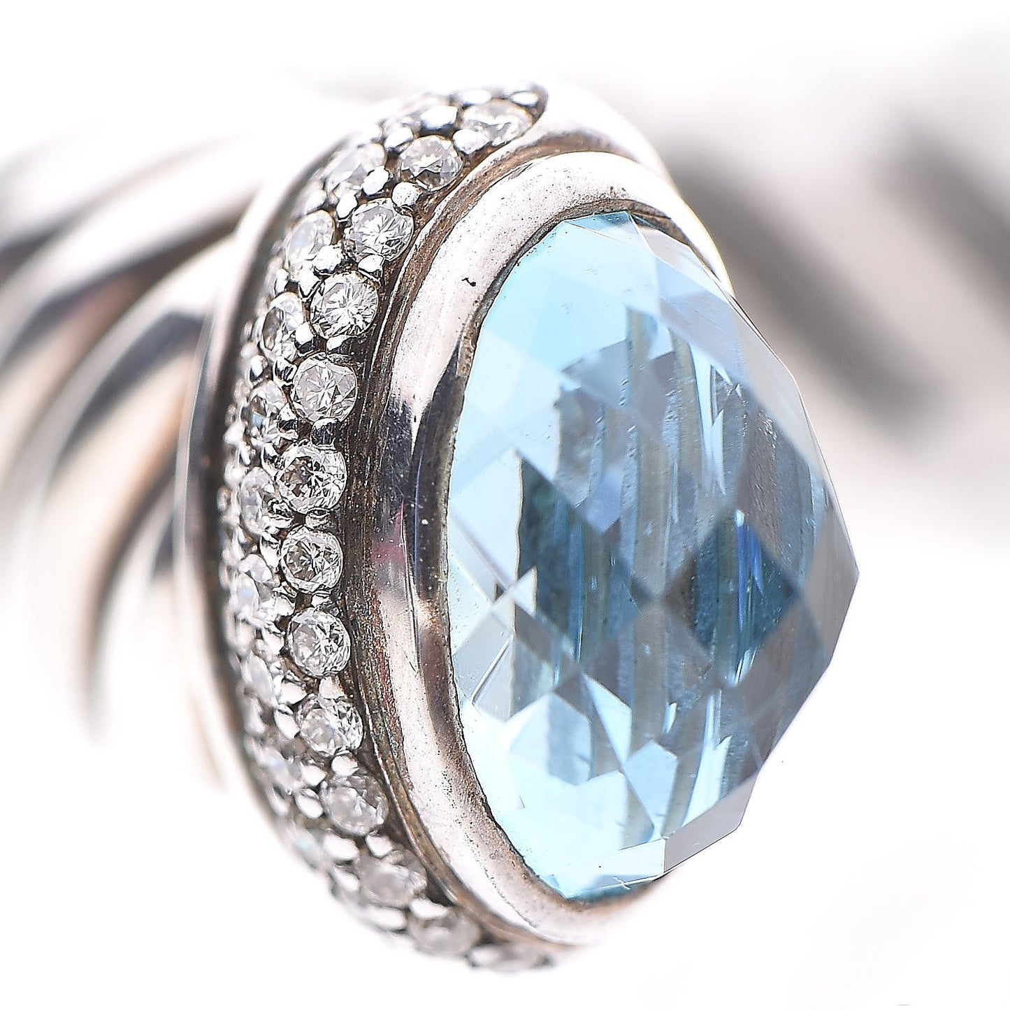 Sterling Silver Blue Topaz Diamond 11mm Sculpted Cable Bracelet