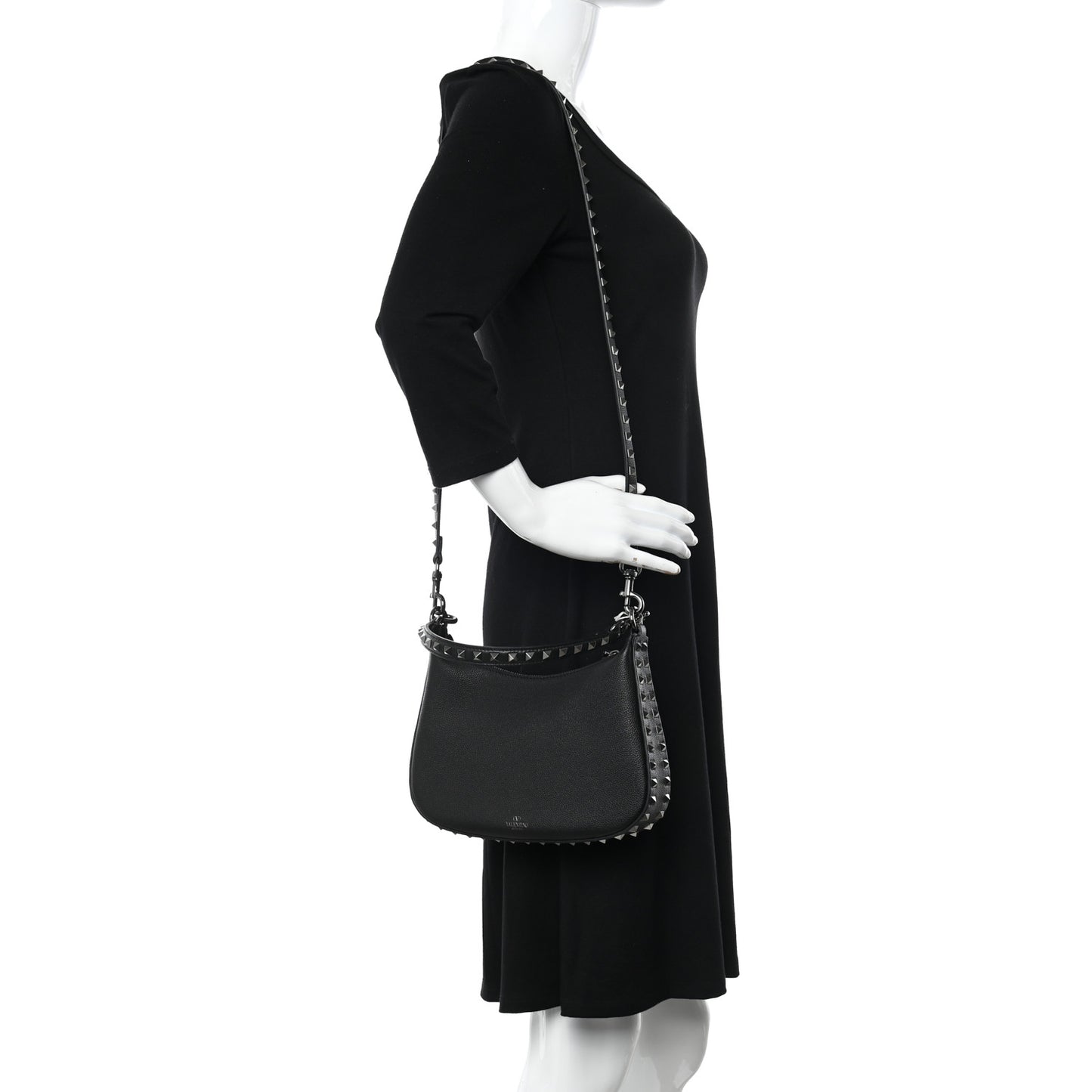 Grained Calfskin Rockstud Hobo Bag Black