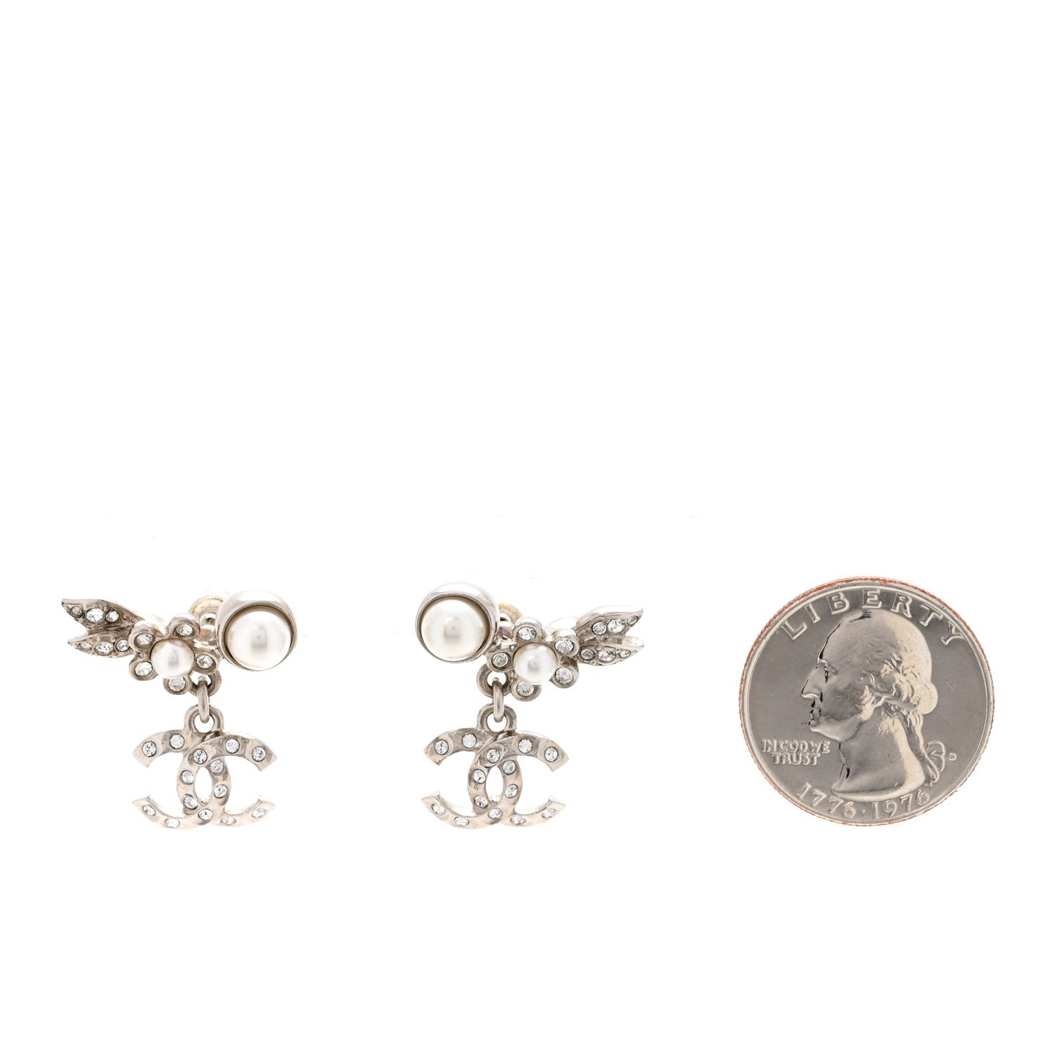 Chanel Crystal Pearl CC Leaf Earrings Silver 4 of 10