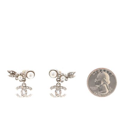 Chanel Crystal Pearl CC Leaf Earrings Silver 4 of 10