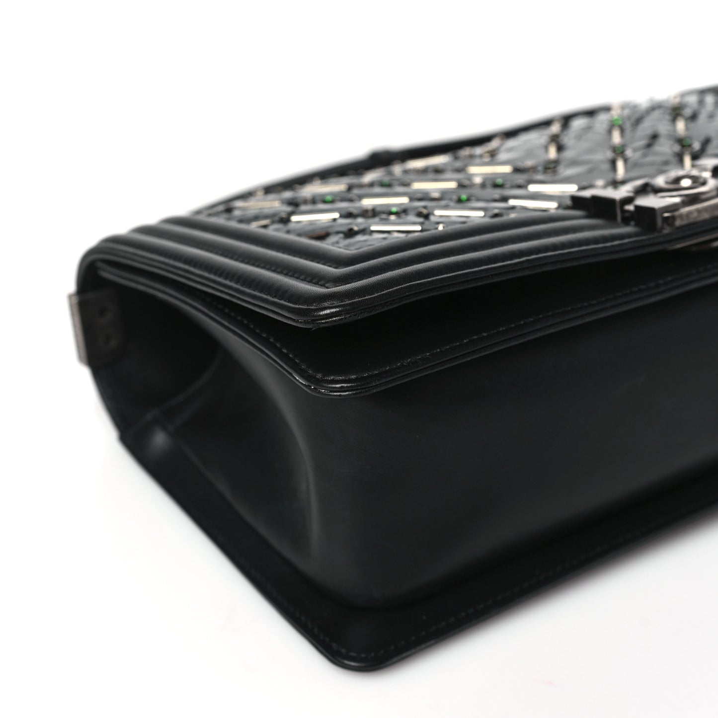 Lambskin Embroidered Python Chevron Medium Boy Flap Black Green