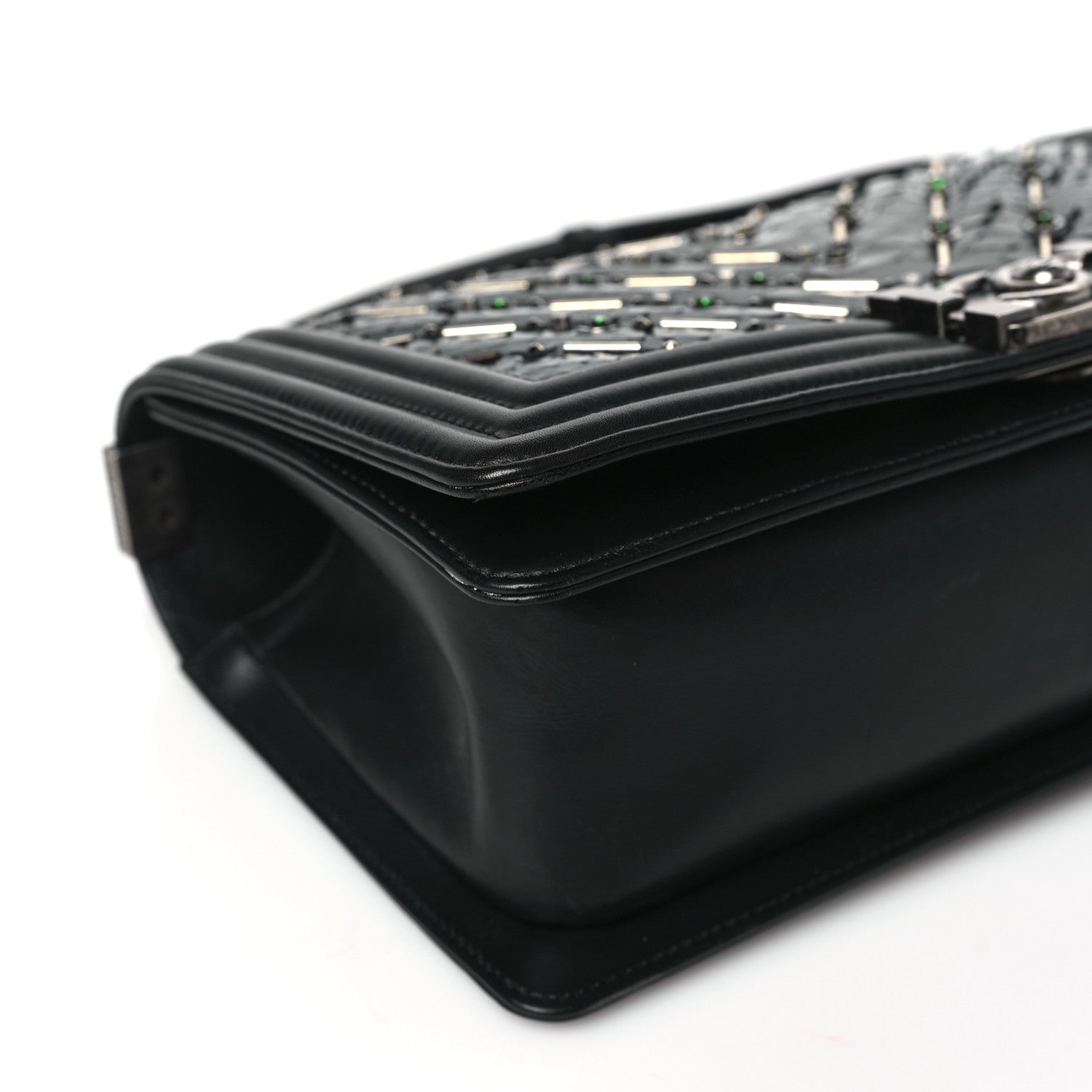 Chanel Lambskin Embroidered Python Chevron Medium Boy Flap Black Green 9 of 10