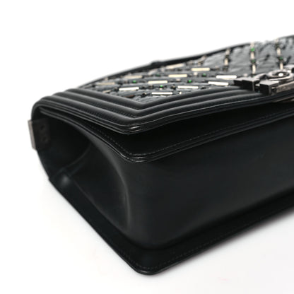 Chanel Lambskin Embroidered Python Chevron Medium Boy Flap Black Green 9 of 10