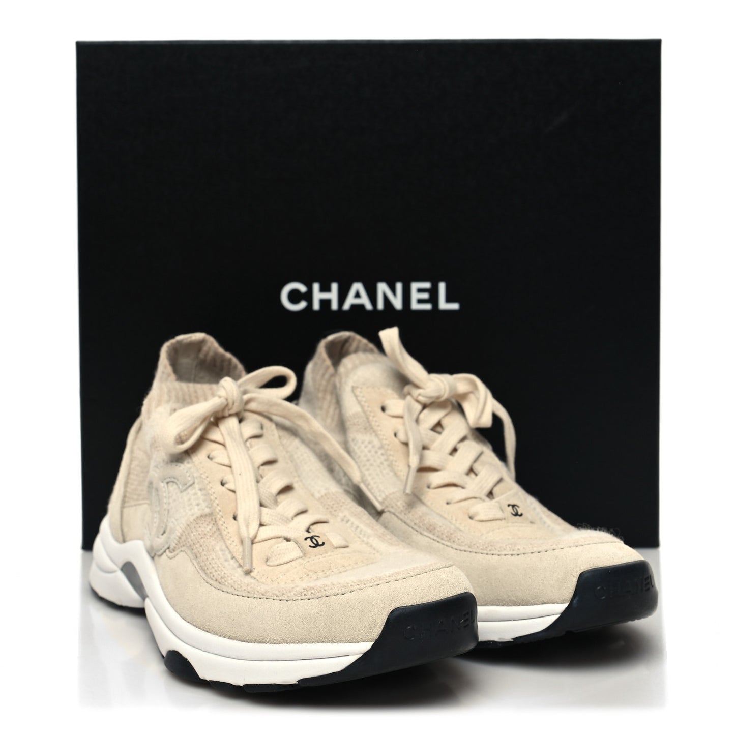 Knit Fabric Suede Calfskin Womens CC Sneakers 38 Beige