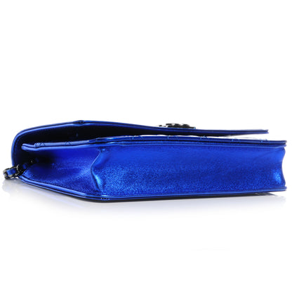 Chanel Metallic Patent Quilted Boy Wallet On Chain WOC Blue 4 of 9