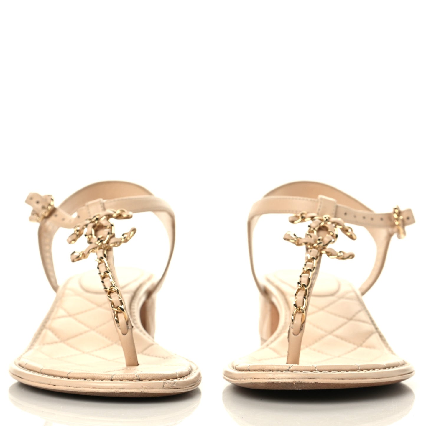 Lambskin Chain CC Logo Thong Sandals 38.5 Beige