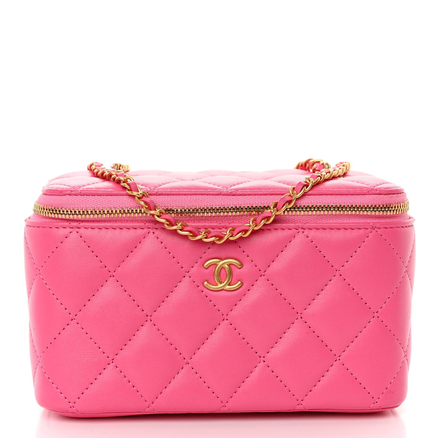 Lambskin Enamel Quilted Small Coco Hearts Vanity Case With Chain Pink