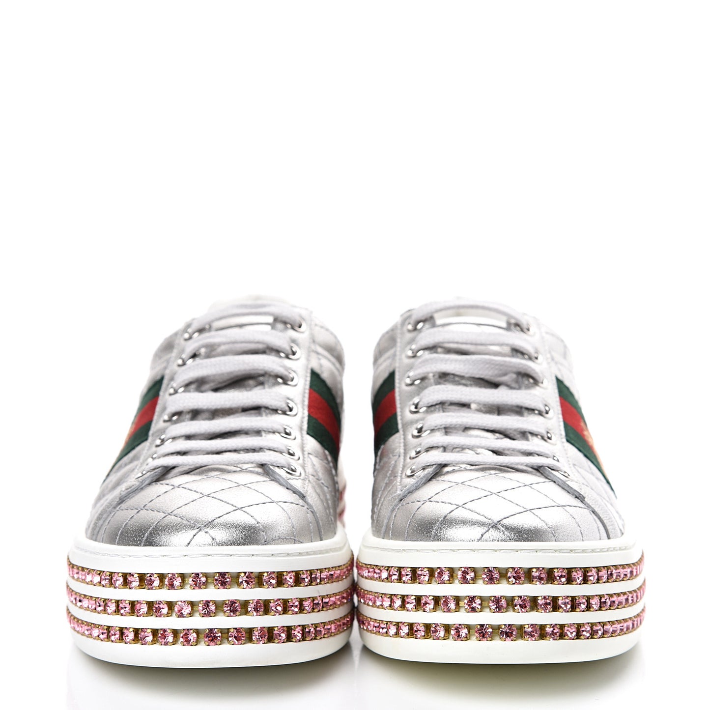 Laminated Nappa Crystal Web Bee Embroidered Trapuntata Womens Ace Platform Sneakers 36.5 Argento