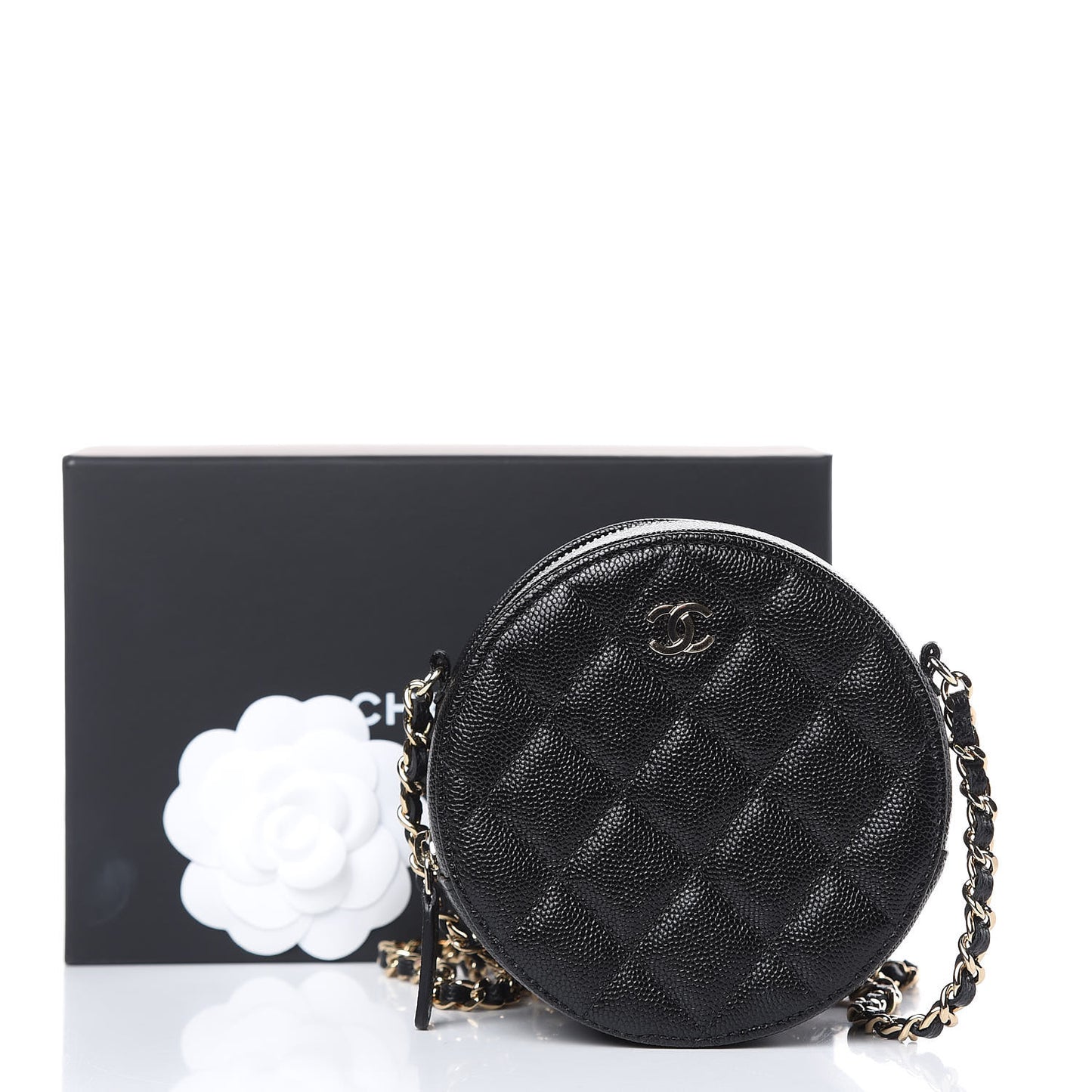 Caviar Quilted Round Clutch With Chain Black