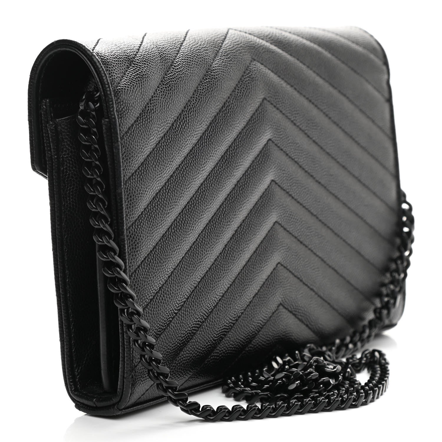 Saint Laurent Grain De Poudre Matelasse Chevron Monogram Chain Wallet Black 3 of 9