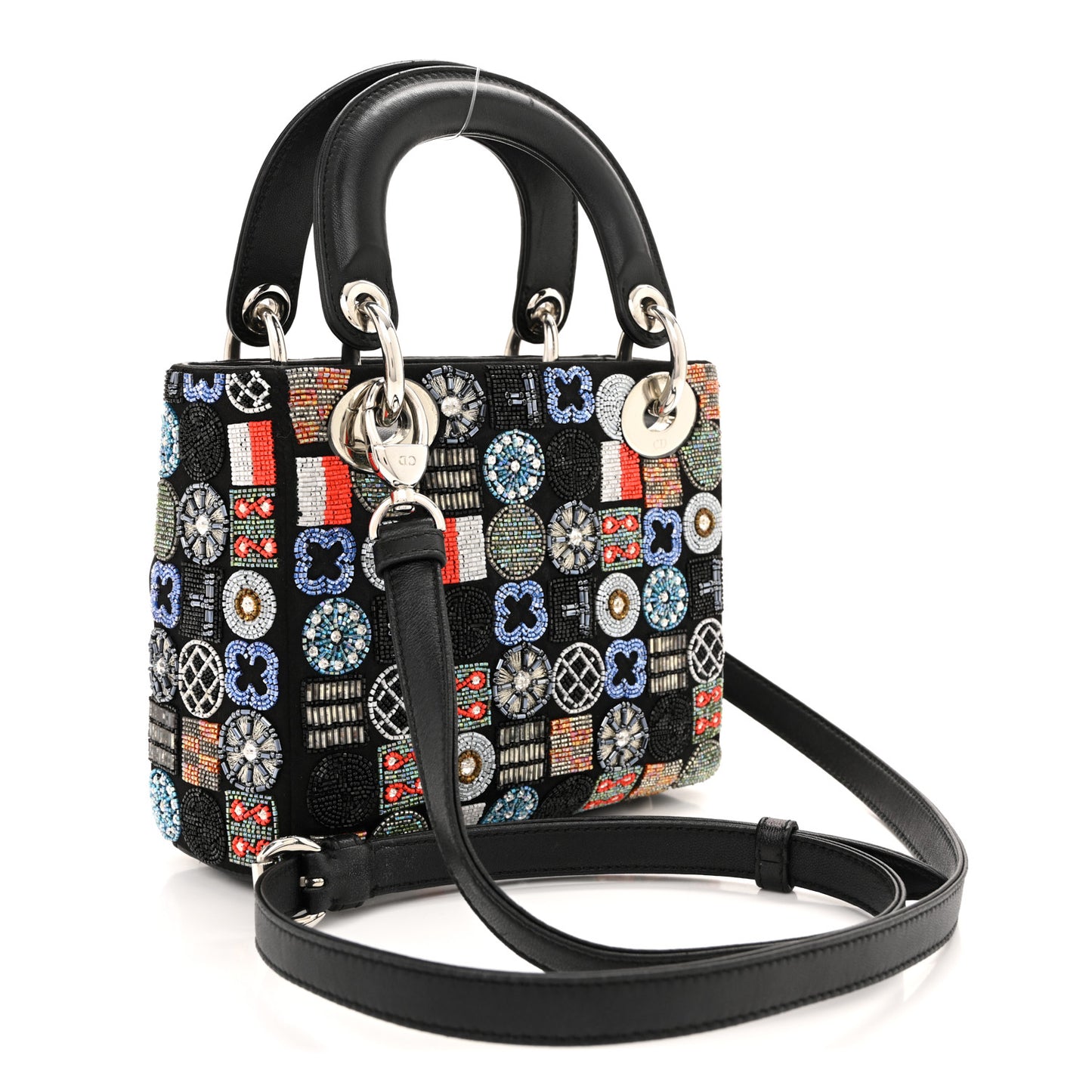 Satin Lambskin Embroidered Beaded Mini Lady Dior Black Multicolor