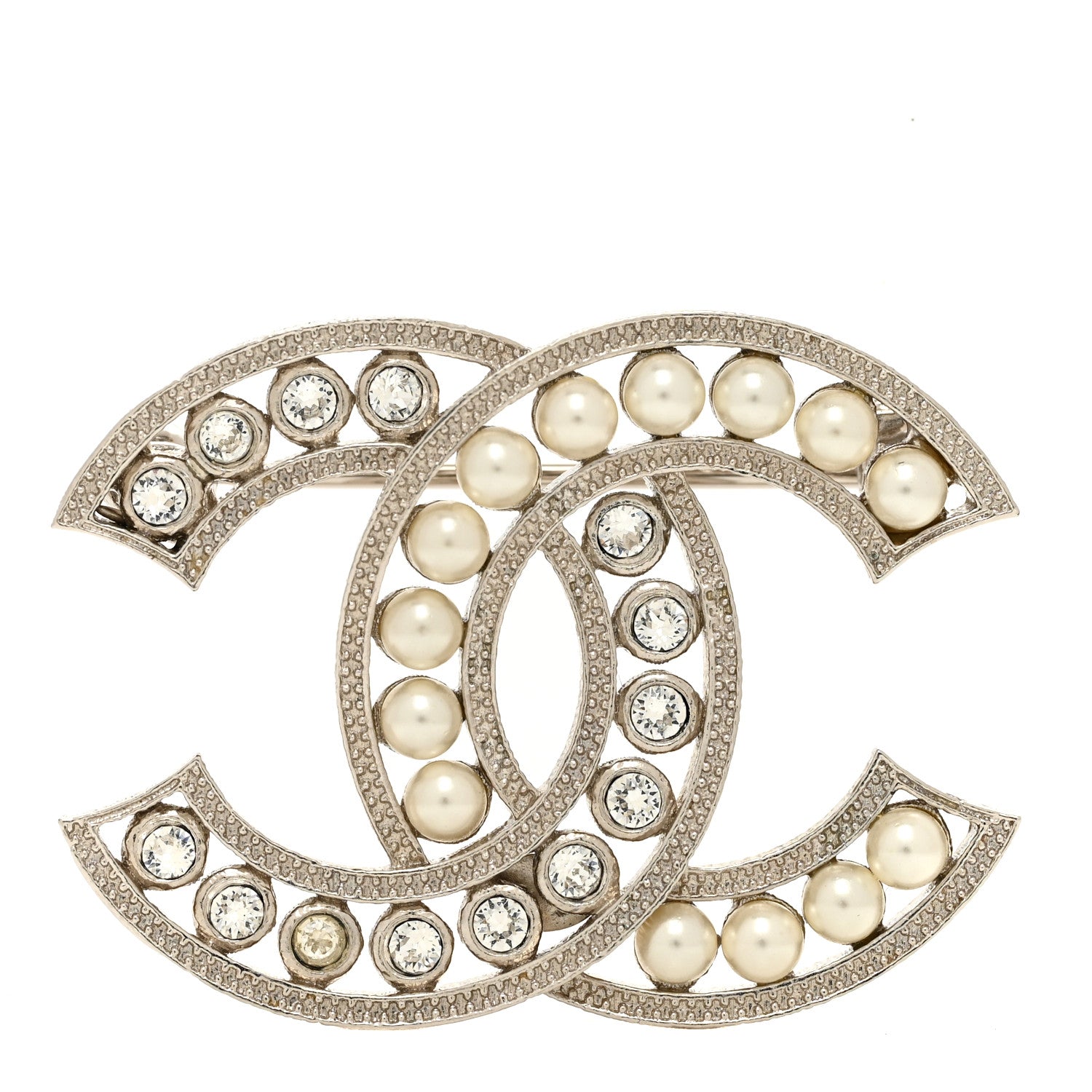 Chanel Pearl Crystal CC Brooch Silver 1 of 4