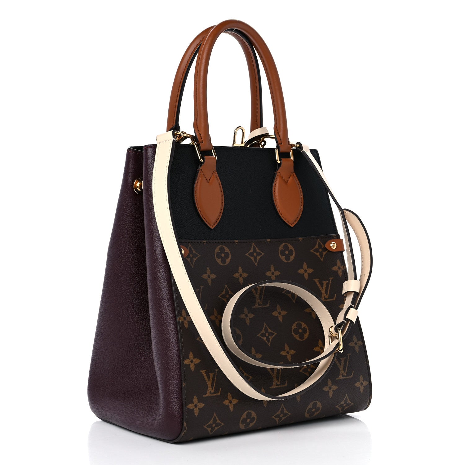 Louis Vuitton Calfskin Monogram Fold Tote MM Black Wine Cream 3 of 10