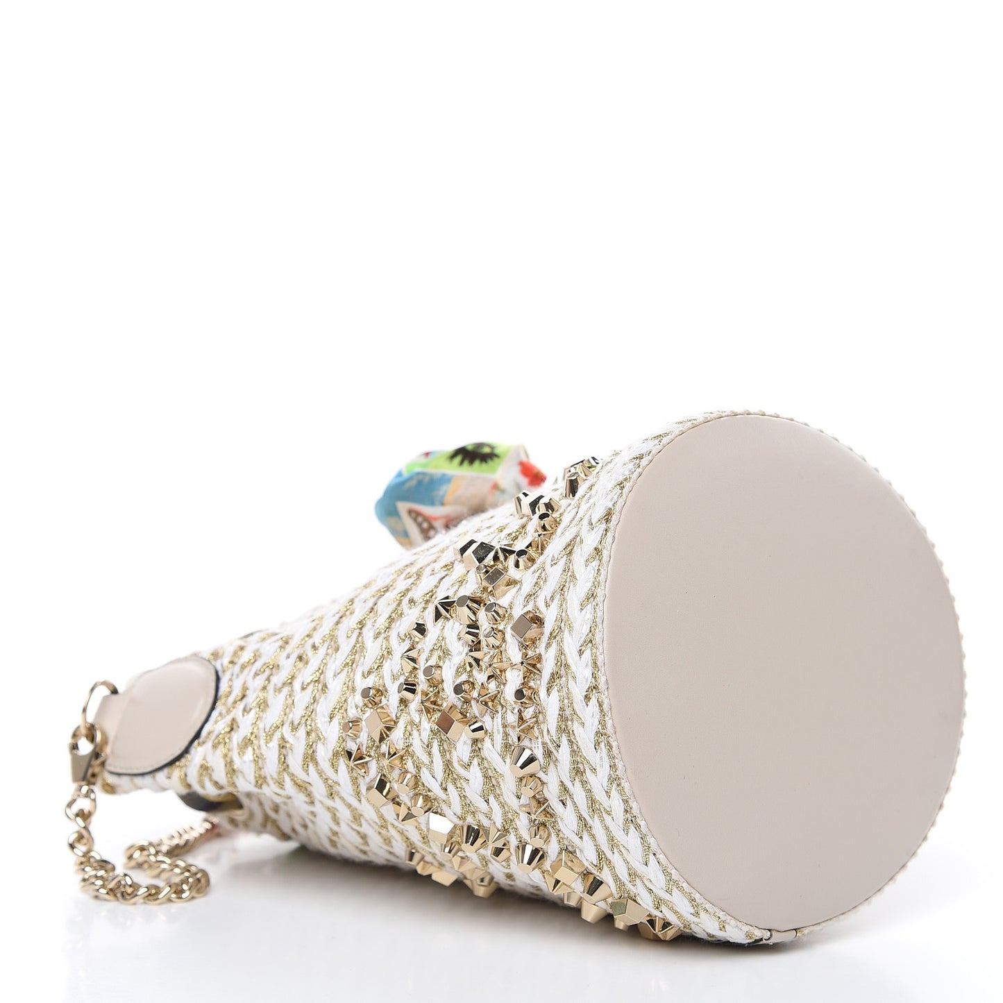 Woven Jute Crepe Satin Studded Marie Jane Bucket White Gold