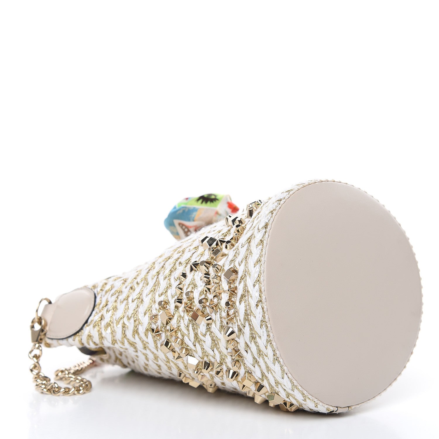Christian Louboutin Woven Jute Crepe Satin Studded Marie Jane Bucket White Gold 4 of 8