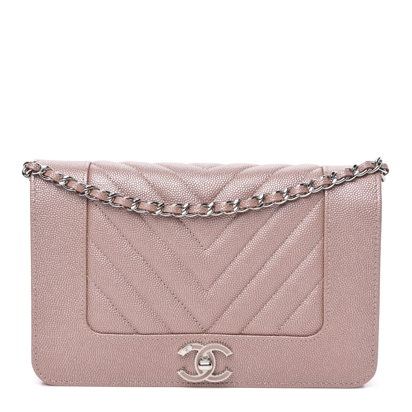 Metallic Caviar Chevron Quilted Vintage Mademoiselle Wallet On Chain WOC Pink