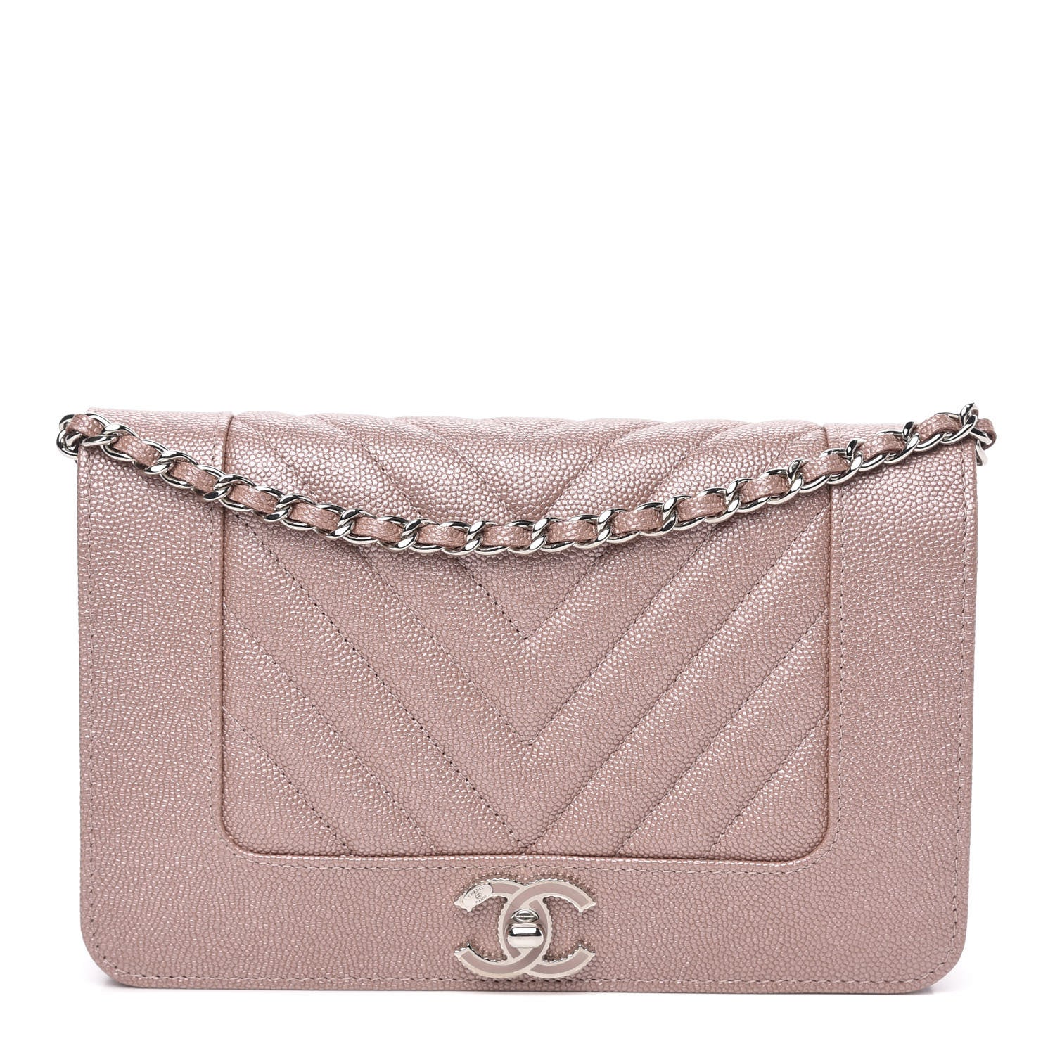 Chanel Metallic Caviar Chevron Quilted Vintage Mademoiselle Wallet On Chain WOC Pink 1 of 8