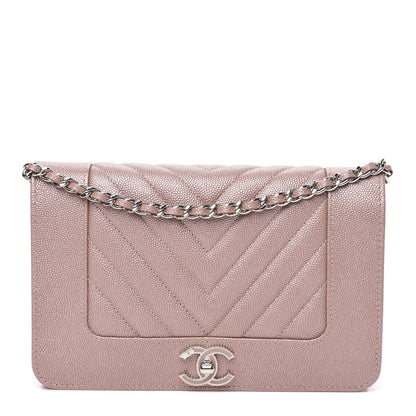 Chanel Metallic Caviar Chevron Quilted Vintage Mademoiselle Wallet On Chain WOC Pink 1 of 8