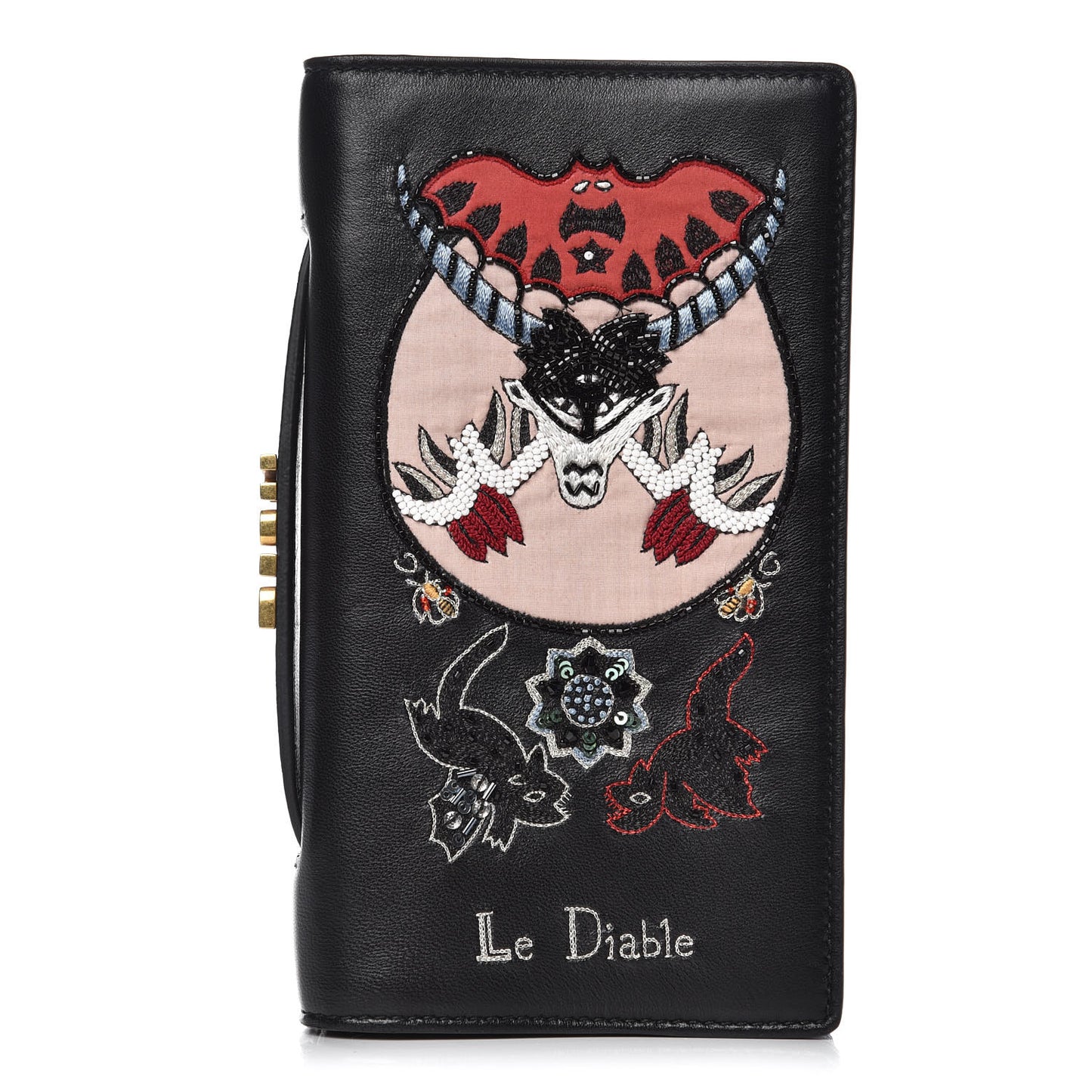 Lambskin Embroidered Le Diable Tarot Pouch Clutch Black