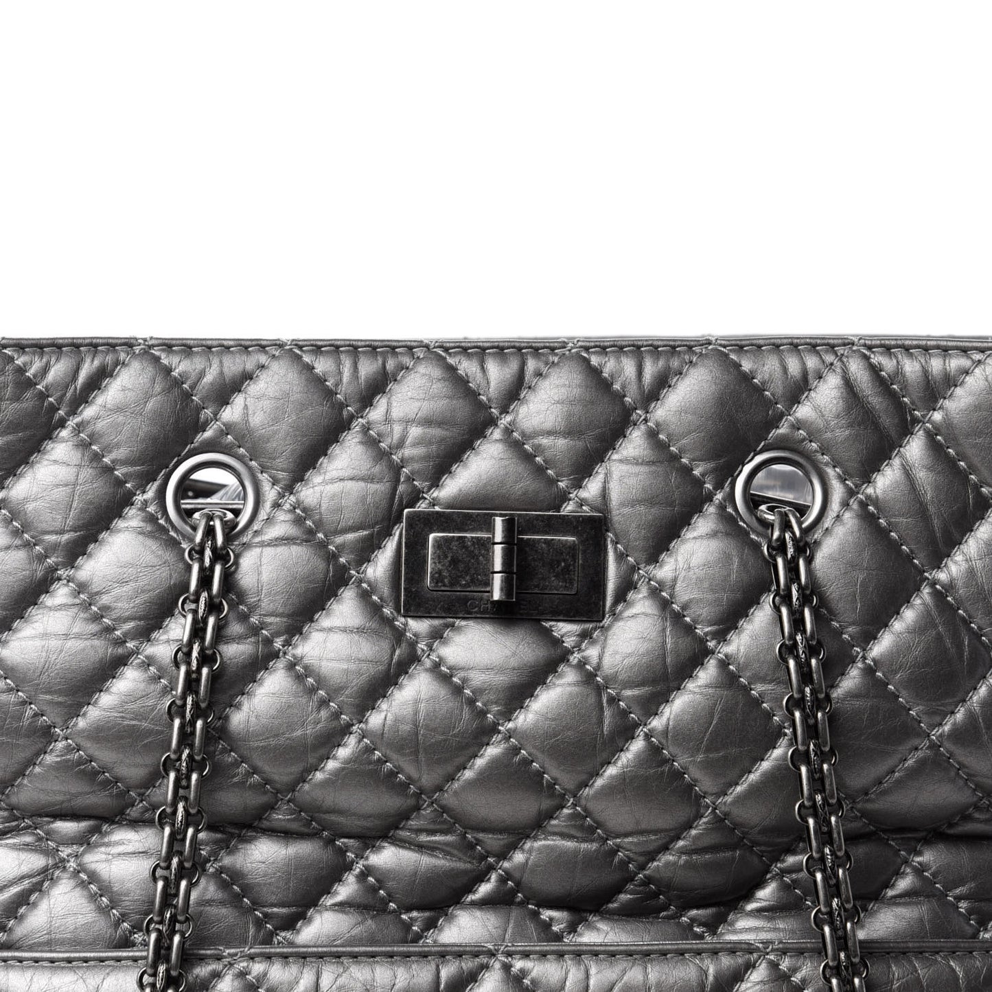 Metallic Aged Calfskin Quilted Reissue 2.55 Tote Dark Grey