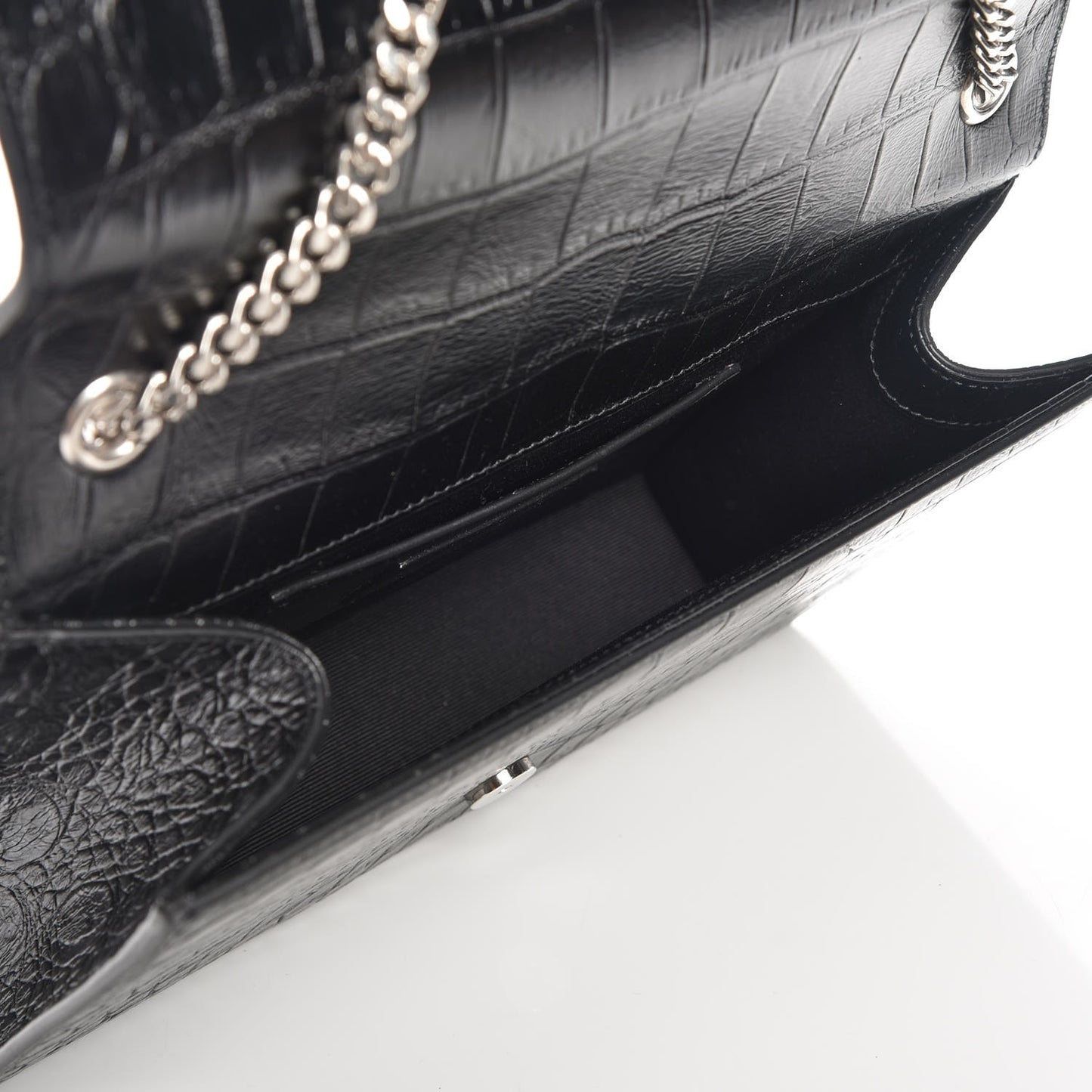 Calfskin Crocodile Embossed Medium Classic Monogram Kate Tassel Satchel Black