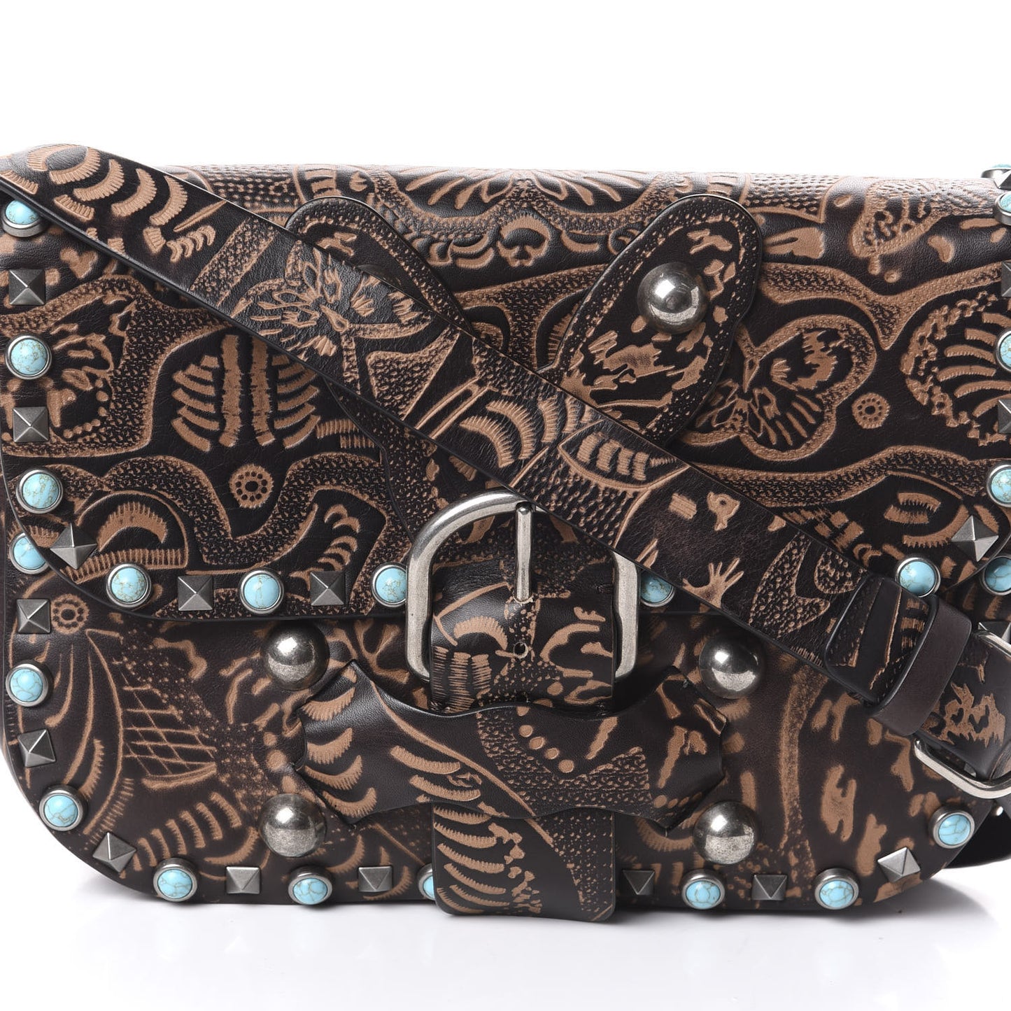 Calfskin Santeria Embossed Medium Rockstud Rolling Flap Saddle Bag Brown