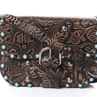 Valentino Garavani Calfskin Santeria Embossed Medium Rockstud Rolling Flap Saddle Bag Brown 7 of 9