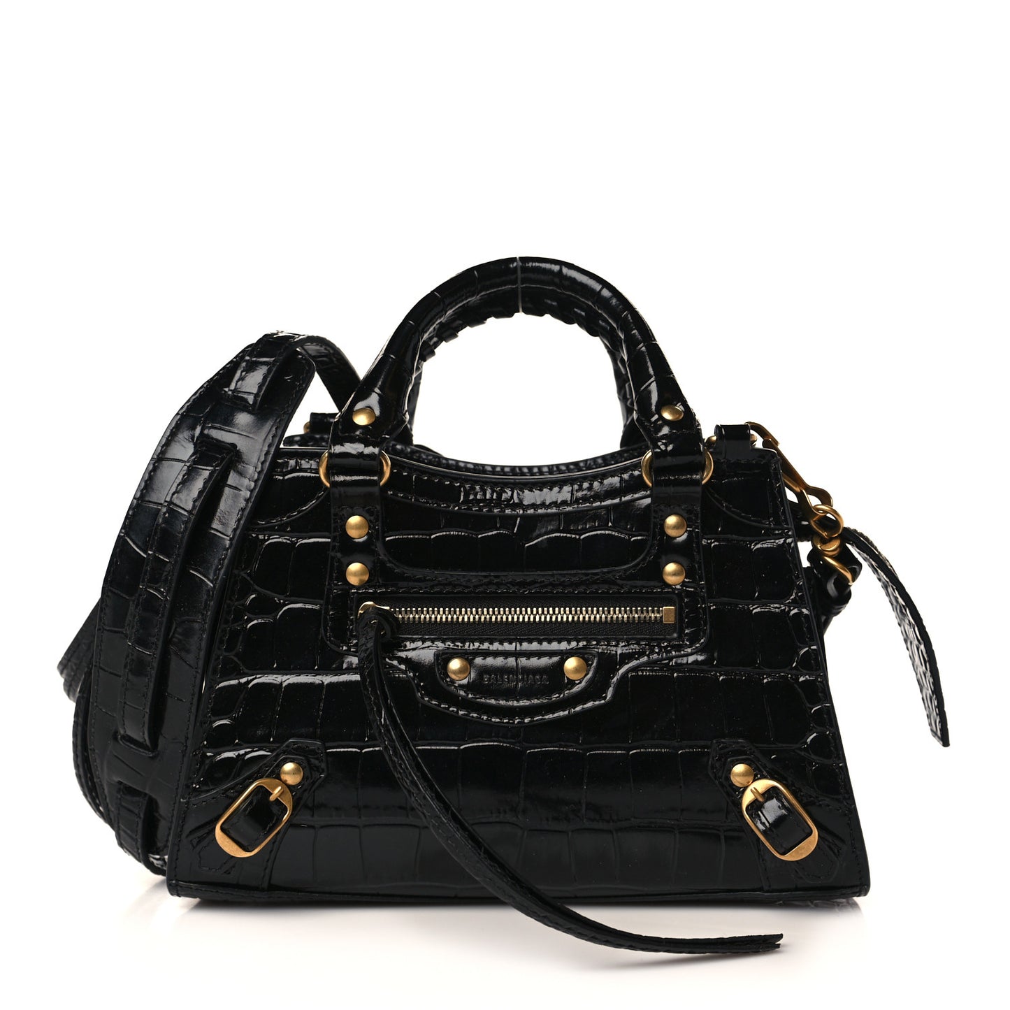Shiny Supple Calfskin Crocodile Embossed Neo Classic Gold Hardware Mini City Black