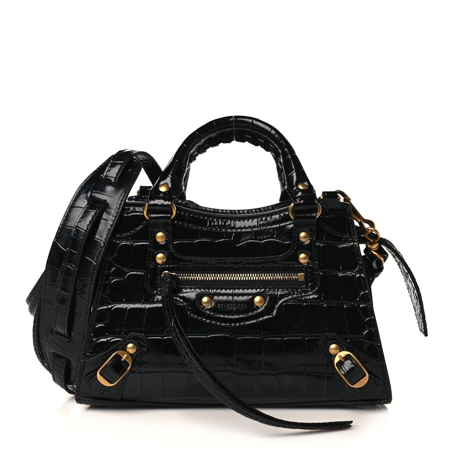 Balenciaga Shiny Supple Calfskin Crocodile Embossed Neo Classic Gold Hardware Mini City Black 1 of 8