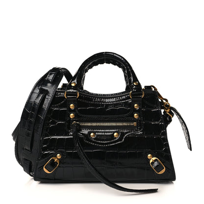 Balenciaga Shiny Supple Calfskin Crocodile Embossed Neo Classic Gold Hardware Mini City Black 1 of 8
