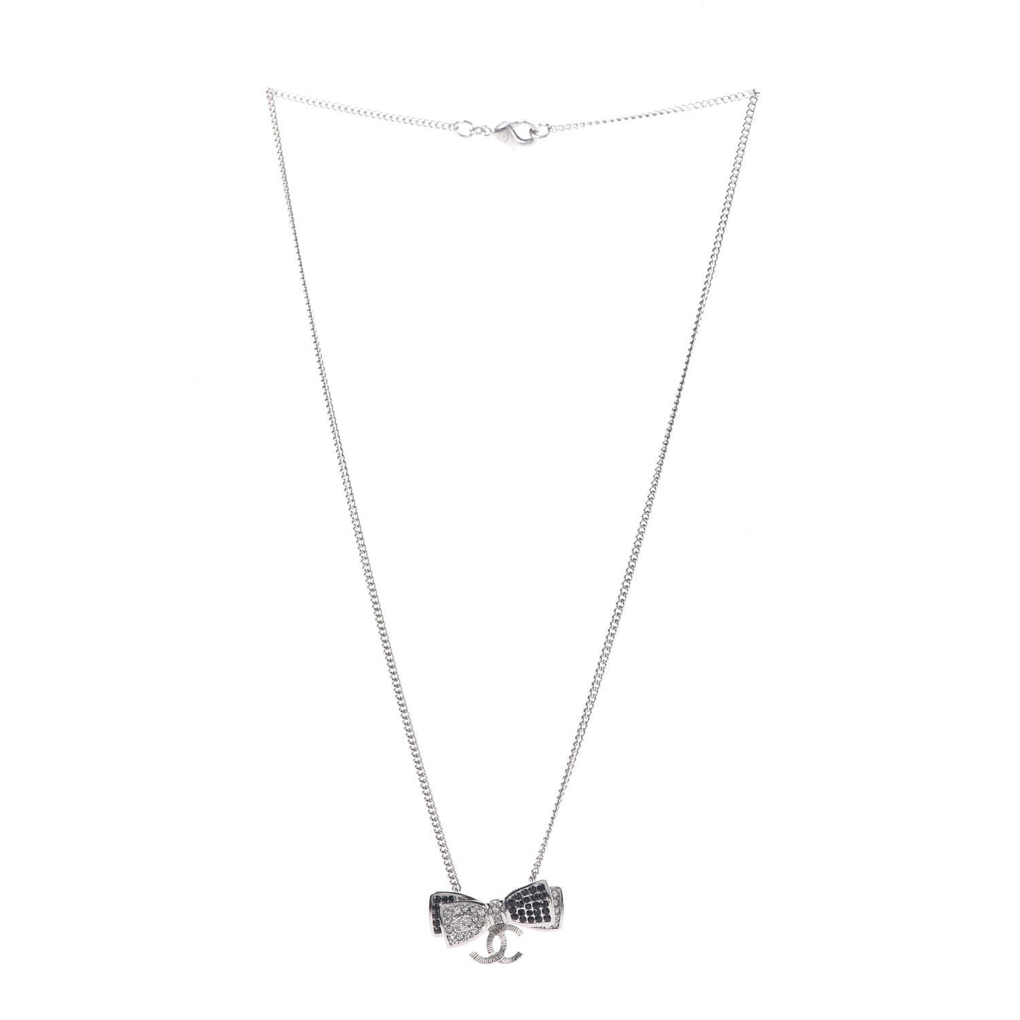 Crystal CC Bow Necklace Silver Black