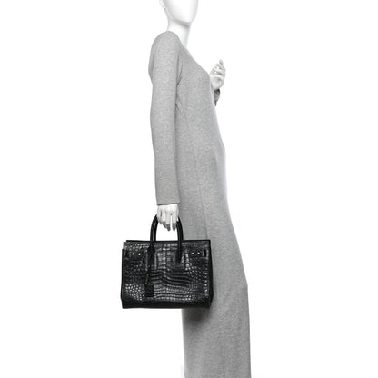 Saint Laurent Calfskin Crocodile Embossed Small Supple Sac de Jour Black 2 of 10