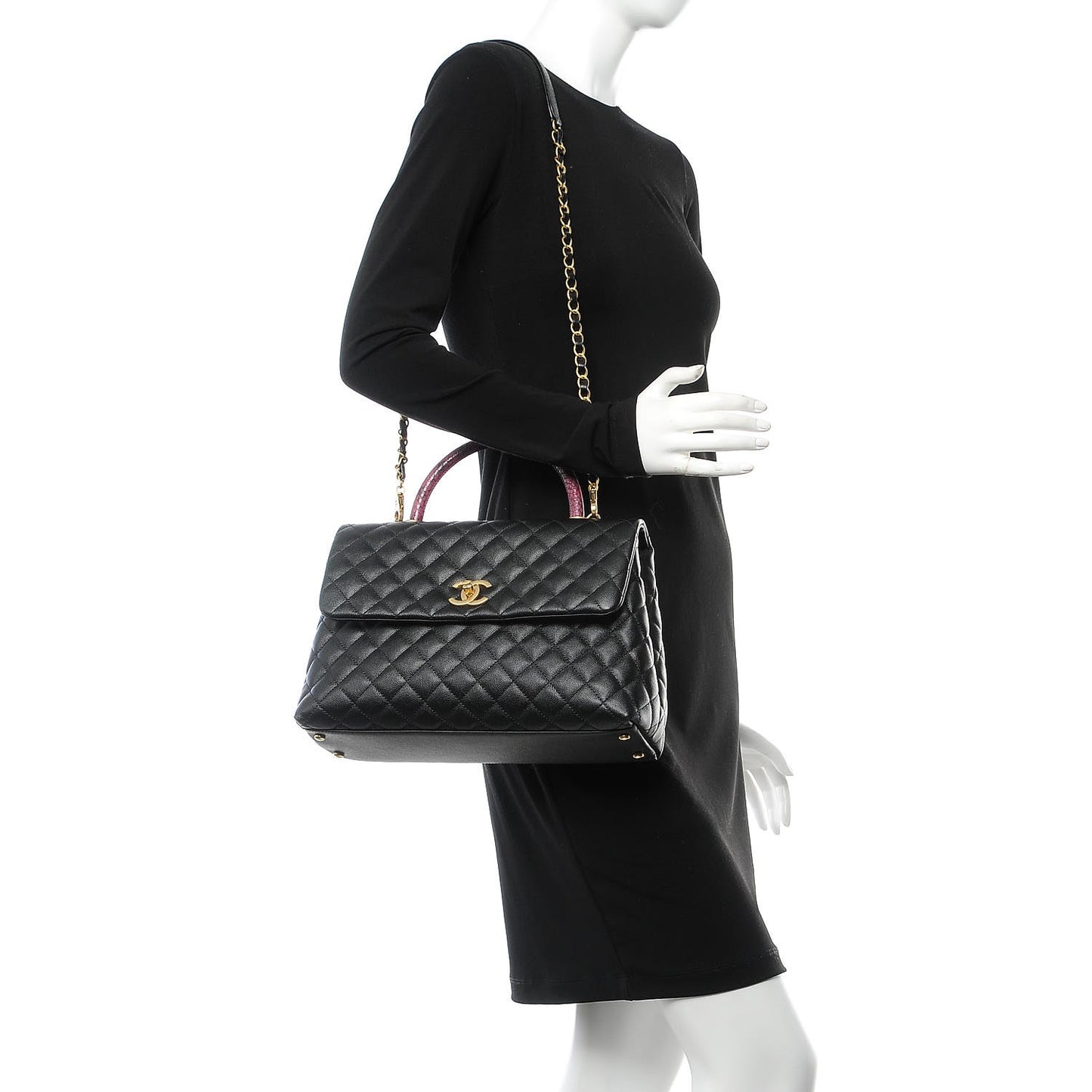Caviar Elaphe Quilted Medium Coco Handle Flap Black Burgundy